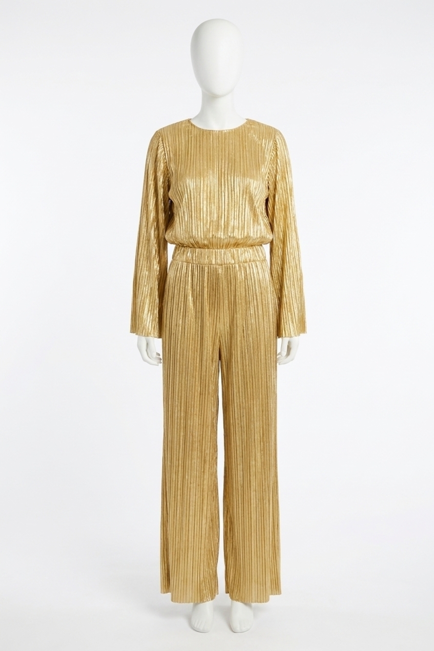 NEW FLYING TOMATO woven plisse jumpsuit in gold
